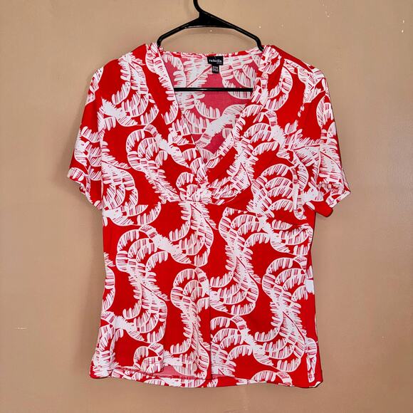 Rafaella Women's Short Sleeve Wrap Front Red White Floral Blouse Top Size Medium - Picture 4 of 9
